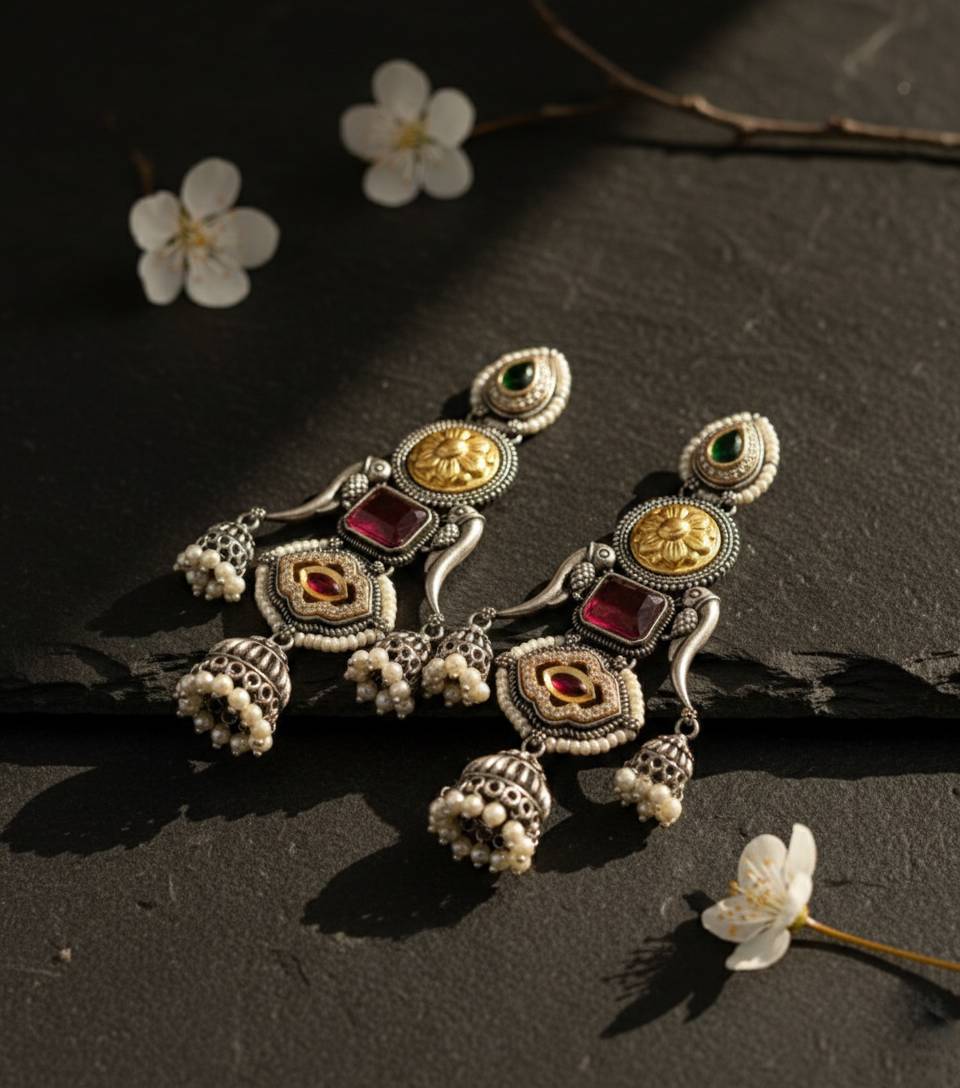 TRADITIONAL LONG TEMPLE JHUMKI EARRINGS BRASS