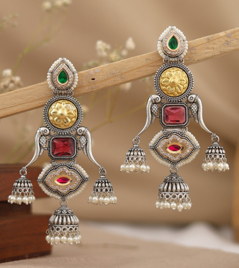 TRADITIONAL LONG TEMPLE JHUMKI EARRINGS BRASS