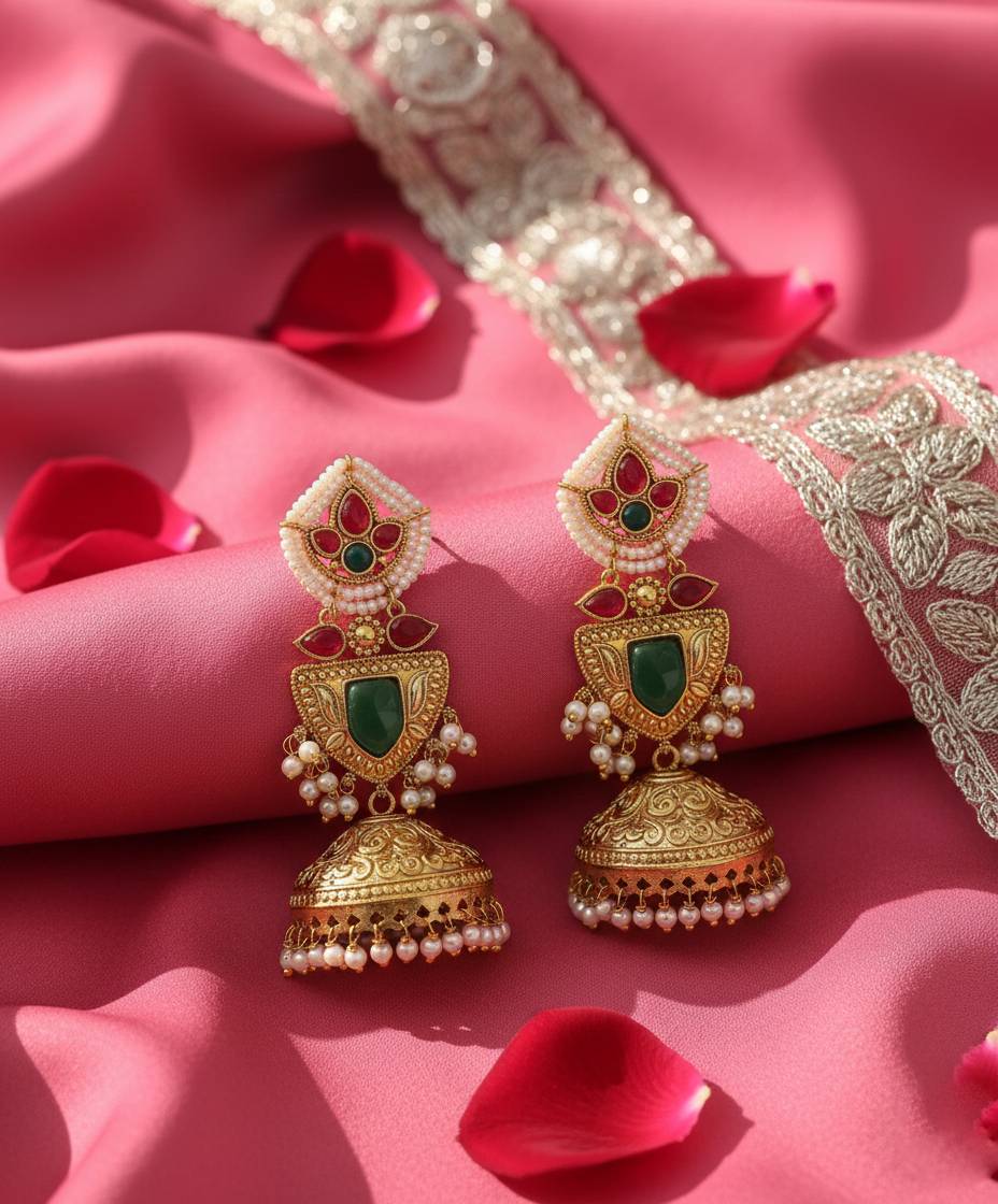 TRADITIONAL LONG TEMPLE JHUMKI EARRINGS BRASS