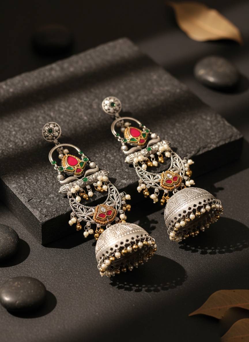 TRADITIONAL LONG TEMPLE JHUMKI EARRINGS BRASS