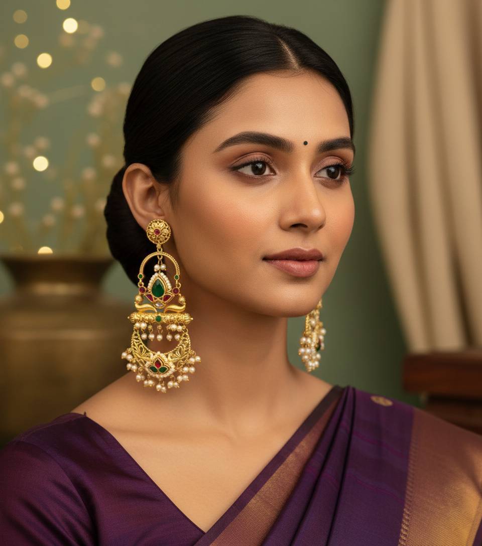 TRADITIONAL LONG TEMPLE CHANDBALI EARRINGS BRASS