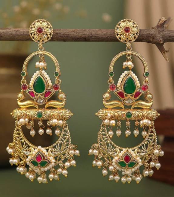 TRADITIONAL LONG TEMPLE CHANDBALI EARRINGS BRASS