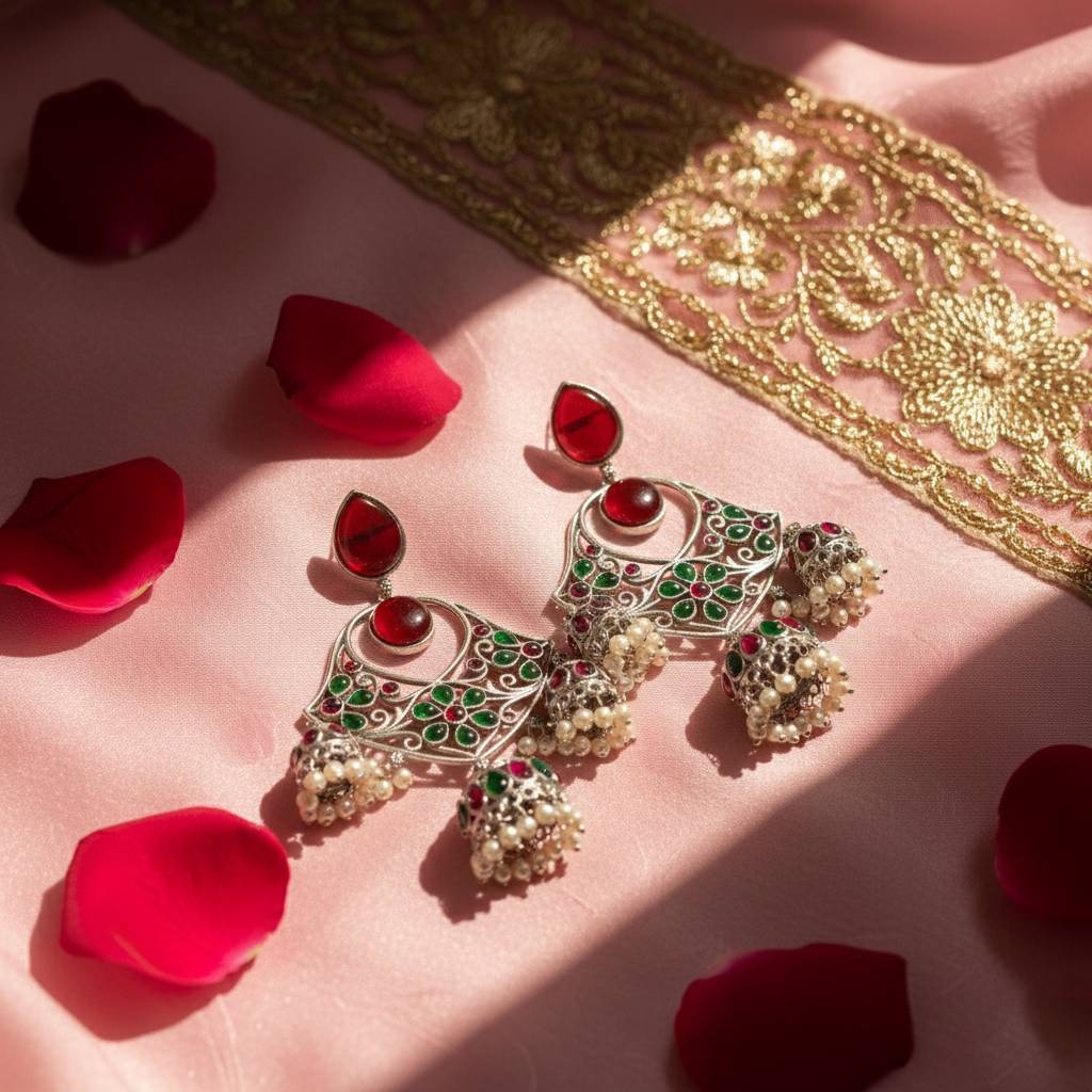 TRADITIONAL LONG TEMPLE JHUMKI EARRINGS BRASS