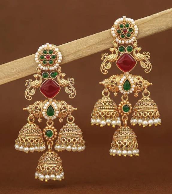TRADITIONAL LONG TEMPLE JHUMKI EARRINGS BRASS