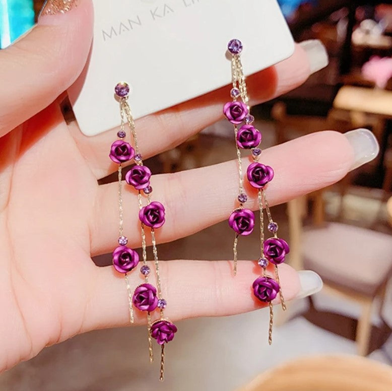 Flower Crystal Long Tassel / Drop Earring