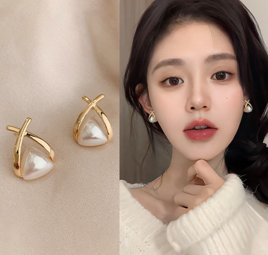 WHITE X LINE CRYSTALS STUD KOREAN EARRINGS FOR WOMEN & GIRLS