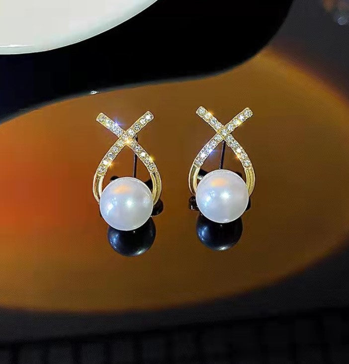 WHITE X LINE PEARL ZIRCON STUD KOREAN EARRINGS FOR WOMEN & GIRLS