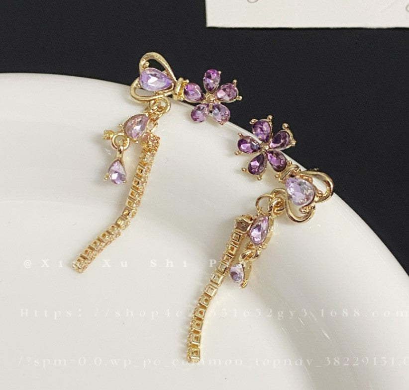 PURPLE CRYSTAL FLOWER KOREAN DROP CHAIN EARRINGS FOR WOMEN & GIRLS