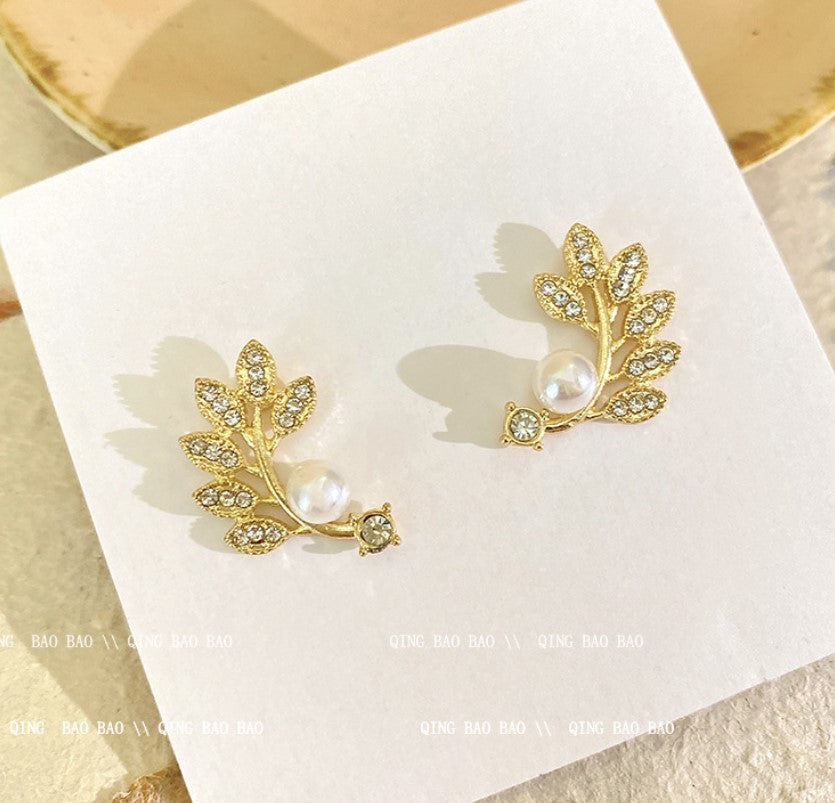 GOLD ZIRCON PEARL FLOWER LEAF KOREAN EARRINGS FOR WOMEN & GIRLS