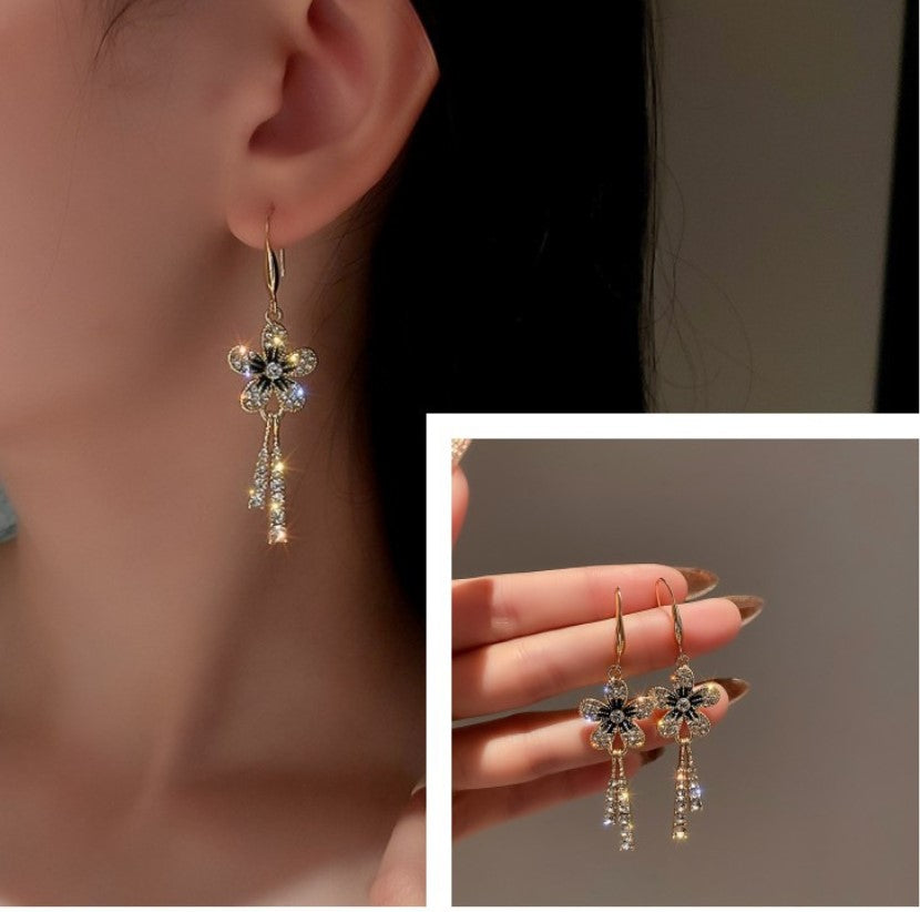 BLACK FLORAL ZIRCON DROP EARRING