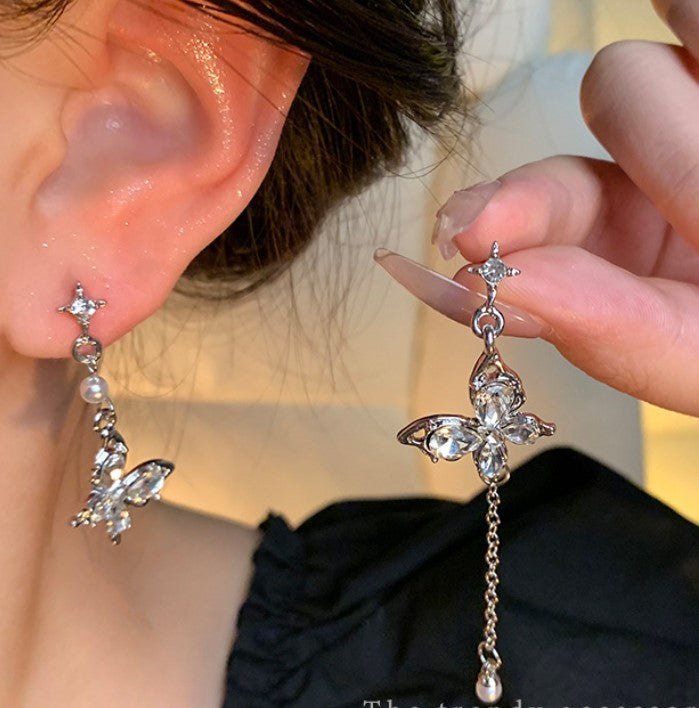 BUTTERFLY ZIRCON TASSEL KOREAN EARRINGS