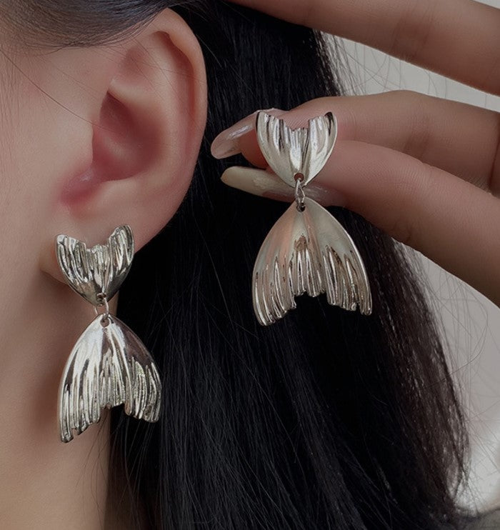 SILVER FISH TAIL KOREAN DROP EARRINGS
