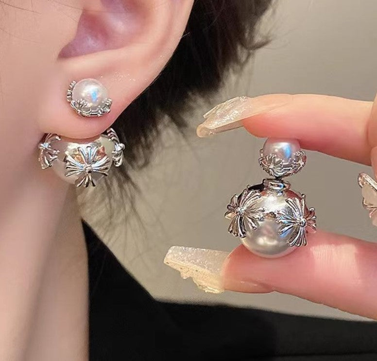 SILVER CROSS PEARL KOREAN STUDS EARRINGS