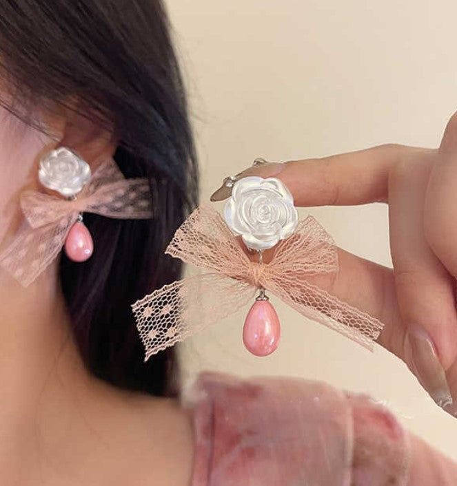 PINK FABRIC PEARLS BOW TIE DROP FLOWER EARRINGS