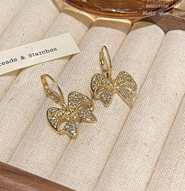 BOW TIE AD STONE DIAMOND KOREAN DROP HOOP EARRINGS