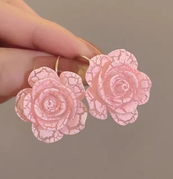 PINK ROSE FLOWER KOREAN HOOP EARRINGS