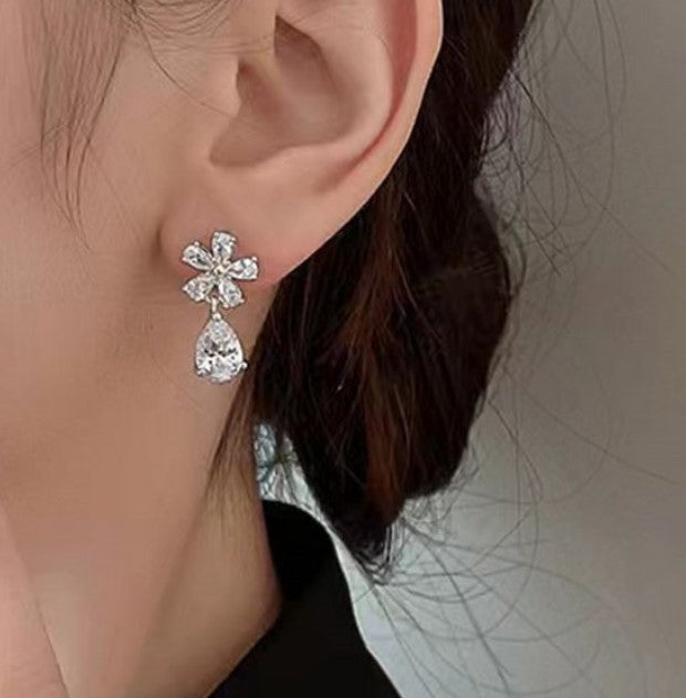 SILVER FLORAL ZIRCON TEAR DROP KOREAN EARRINGS