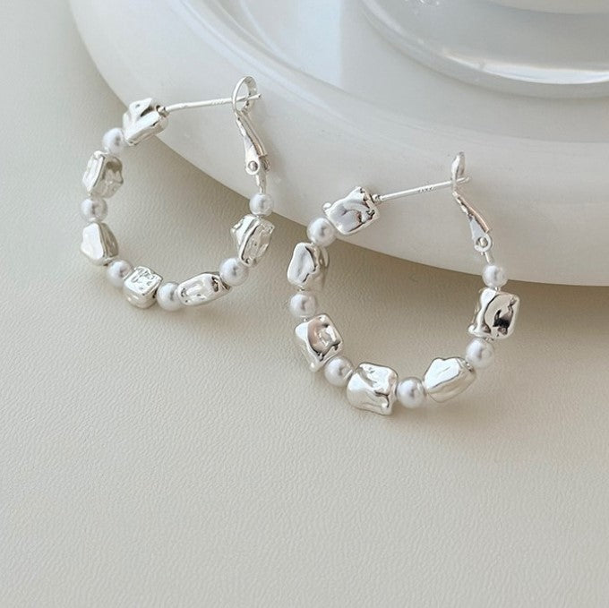 SILVER PEARLS BIG KOREAN HOOP EARRINGS