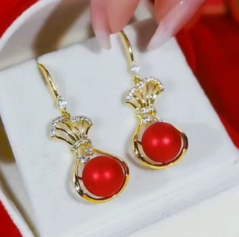 RED PEARLS ZIRCON DIAMOND KOREAN DROP EARRINGS