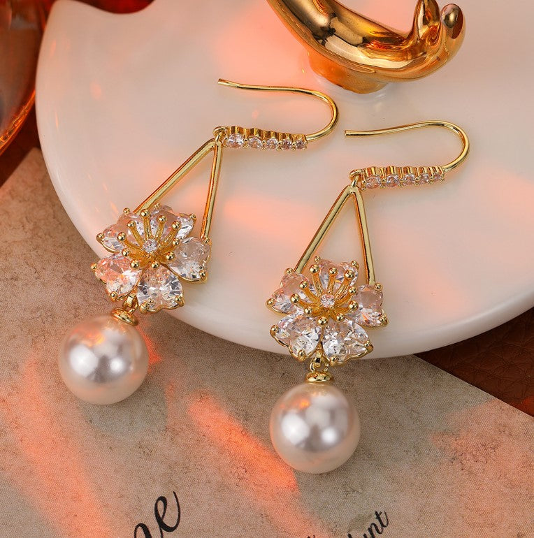 FLORAL PEARLS ZIRCON KOREAN DROP EARRINGS