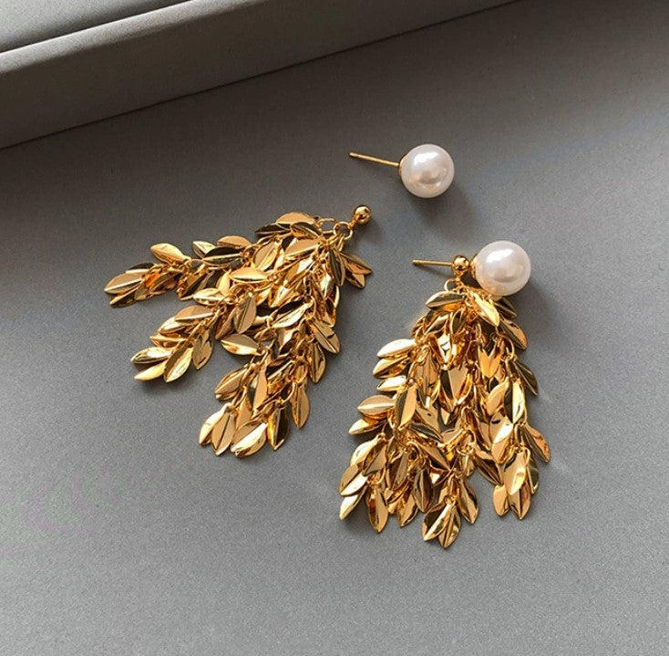 GOLD FLORAL LEAF PEARLS KOREAN DROP EARRINGS