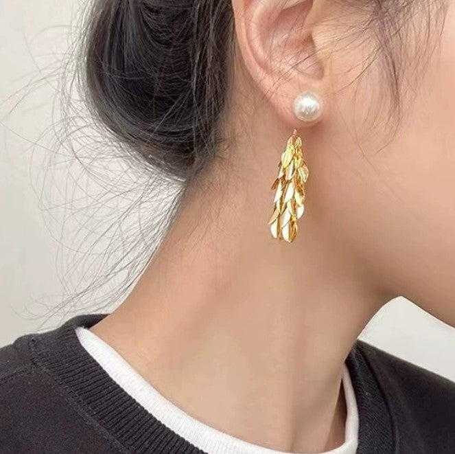 GOLD FLORAL LEAF PEARLS KOREAN DROP EARRINGS