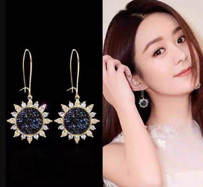 BLUE CRYSTALS SUNFLOWER KOREAN DROP EARRING