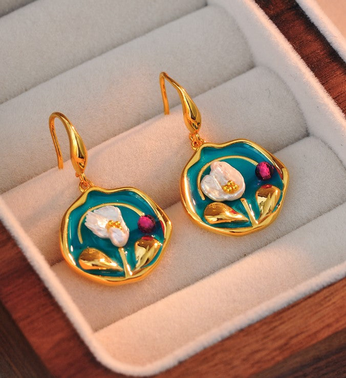 PEARLS FLOWER DROP KOREAN EARRINGS