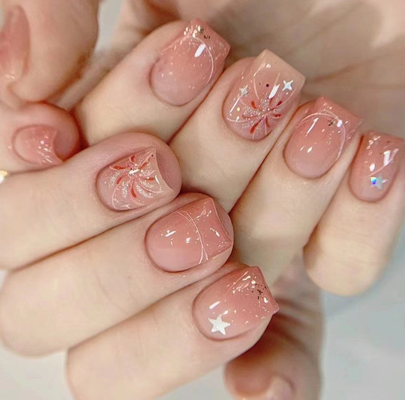 MEDIUM SHORT 24 PC ARTIFICIAL NAILS FIREWORKS MULTICOLOR W/ KIT