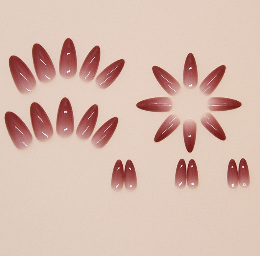 LONG 24 PC ARTIFICIAL NAILS DEEP RED SMUDGE W/ KIT