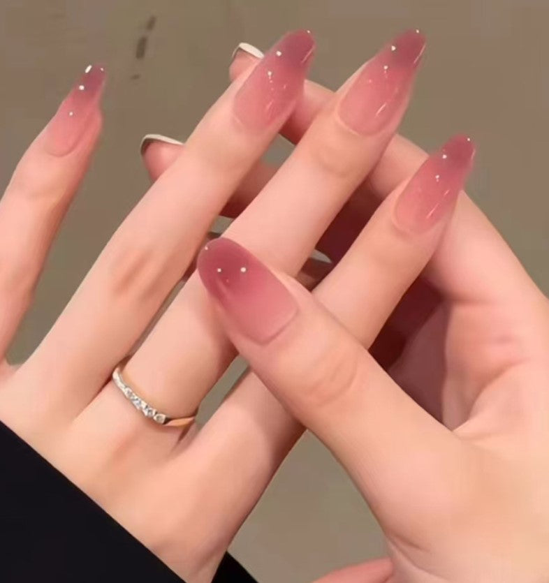 LONG 24 PC ARTIFICIAL NAILS DEEP RED SMUDGE W/ KIT