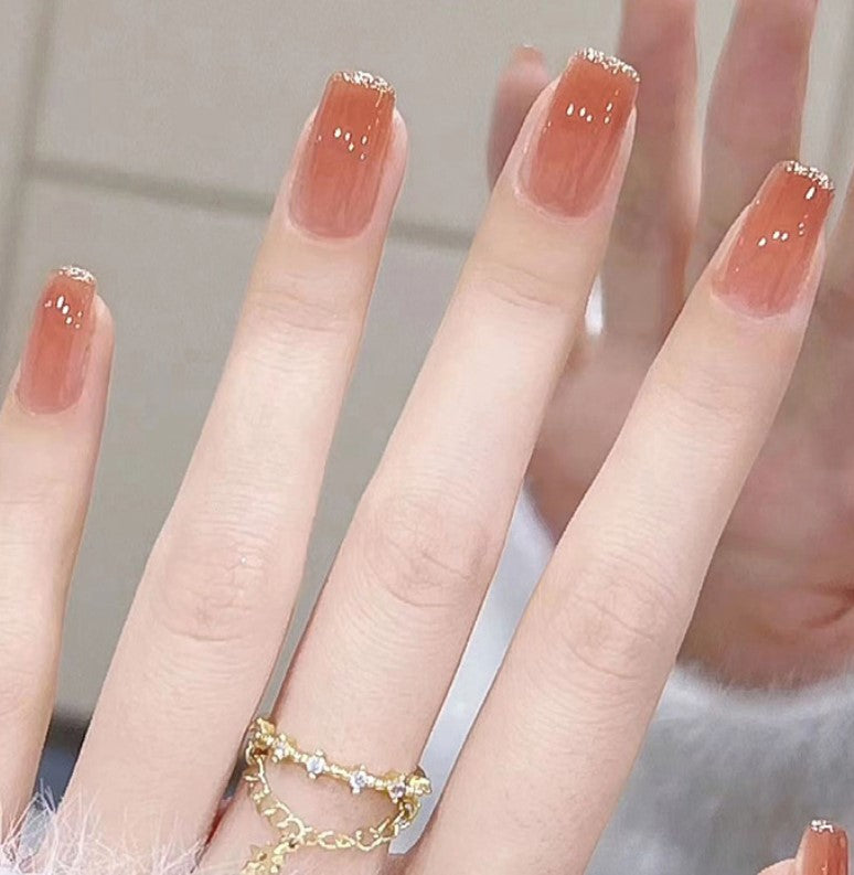 MEDIUM 24 PC ARTIFICIAL NAILS GOLD POWDER FRENCH W/ KIT