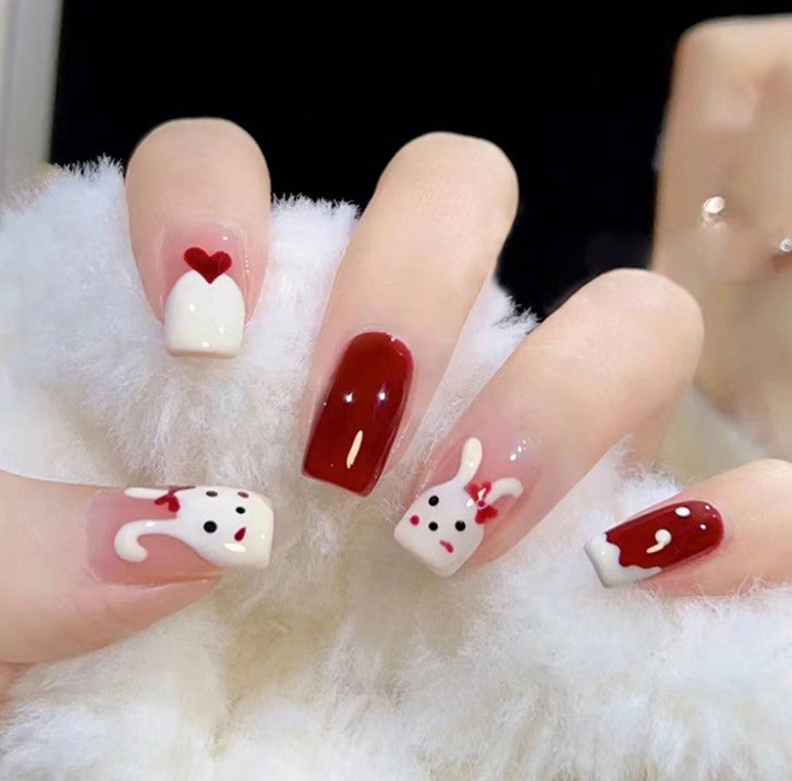 MEDIUM LONG 24 PC ARTIFICIAL NAILS RABBIT RED WHITE W/ KIT