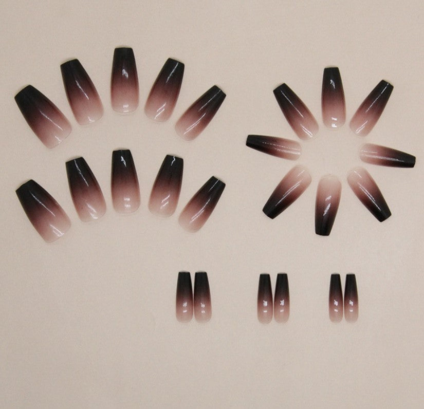 LONG 24 PC ARTIFICIAL NAILS BLACK PLUM W/ KIT