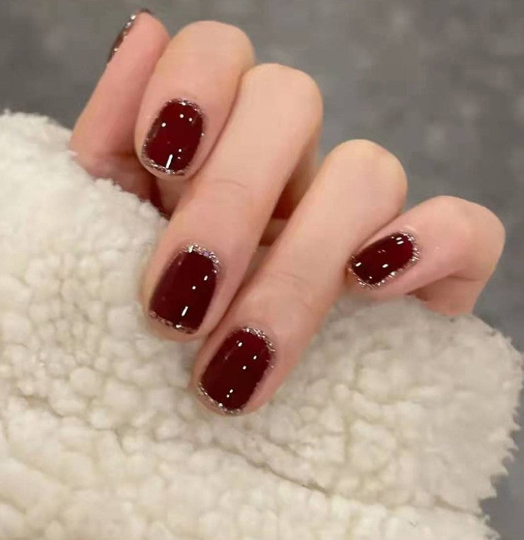 SHORT 24 PC ARTIFICIAL NAILS BURGUNDY RED W/ KIT