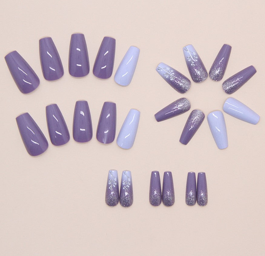 LONG 24 PC ARTIFICIAL NAILS FLOWER PURPLE W/ KIT