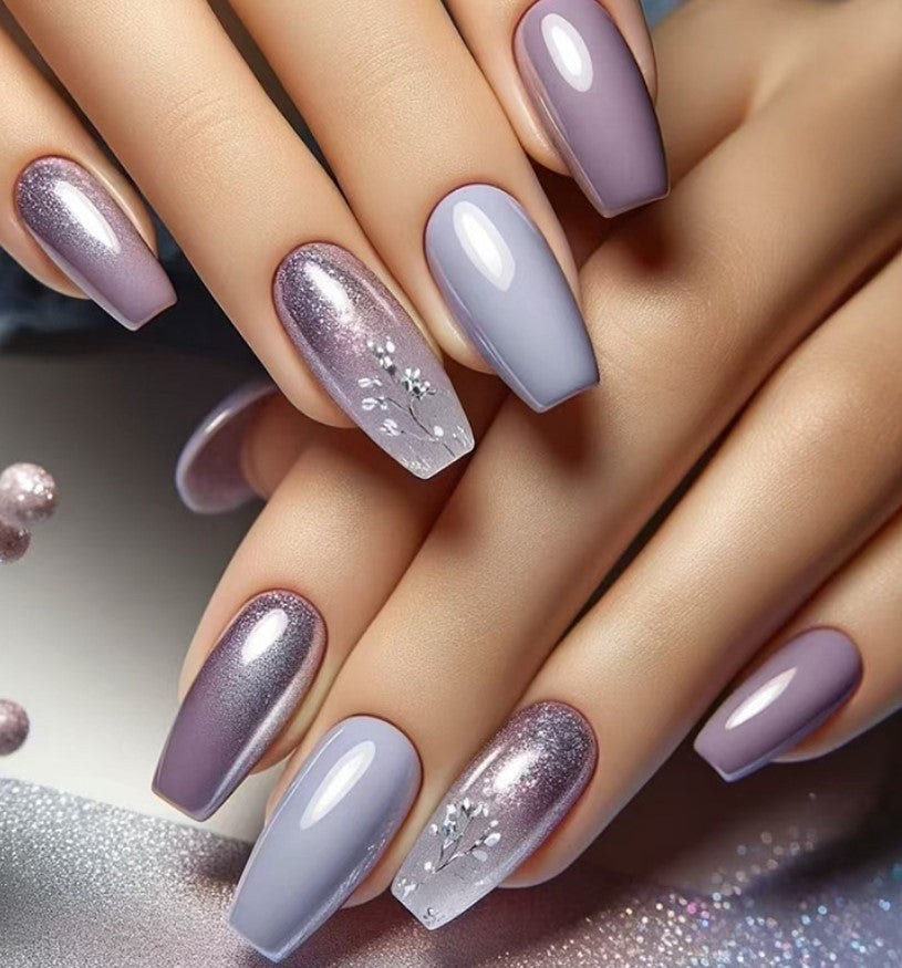 LONG 24 PC ARTIFICIAL NAILS FLOWER PURPLE W/ KIT