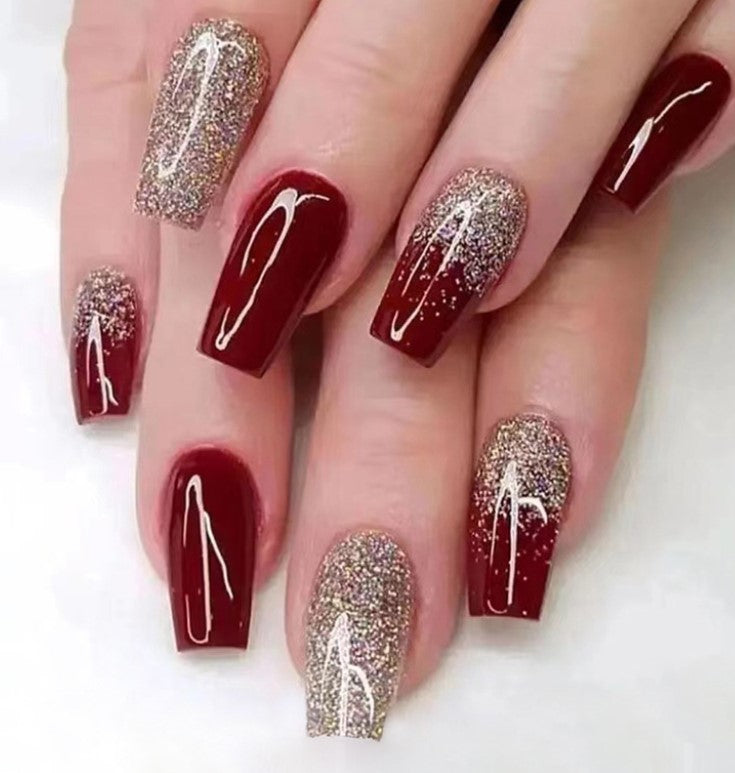 LONG 24 PC ARTIFICIAL NAILS RED GOLD POWDER W/ KIT