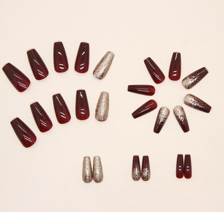 LONG 24 PC ARTIFICIAL NAILS RED GOLD POWDER W/ KIT