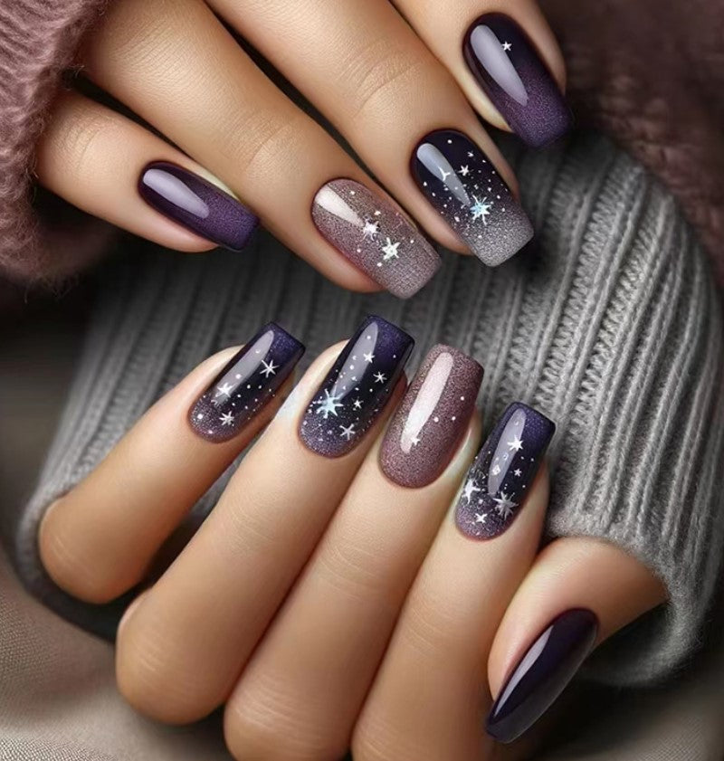 MEDIUM 24 PC ARTIFICIAL NAILS NIGHT SKY STARS PURPLE W/ KIT