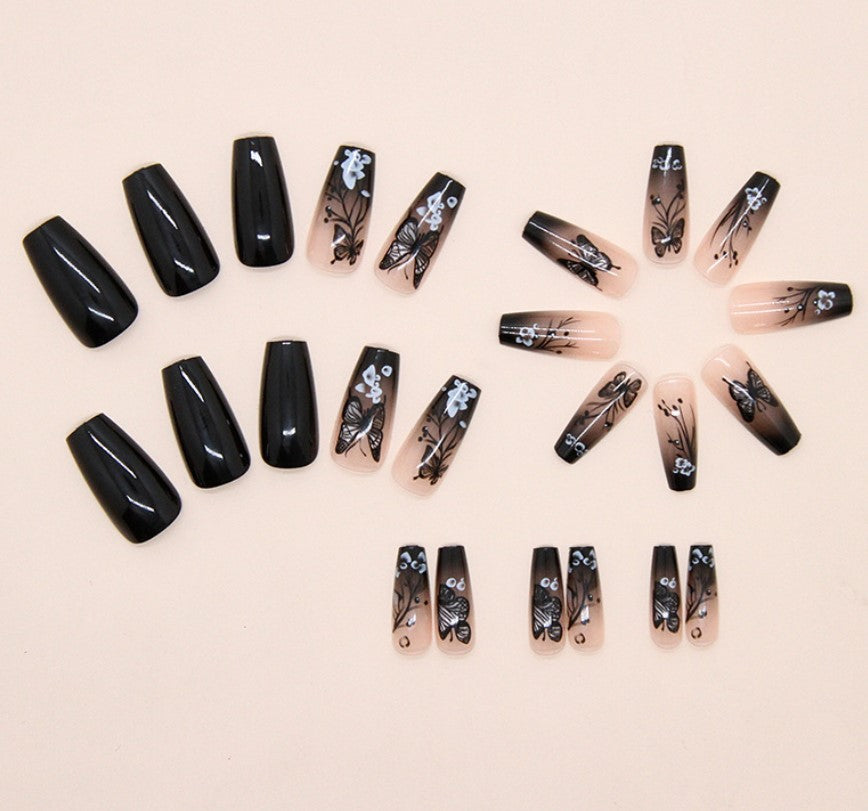 LONG 24 PC ARTIFICIAL NAILS BUTTERFLY BLACK W/ KIT