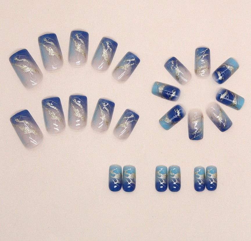MEDIUM 24 PC ARTIFICIAL NAILS BLUE GOLD FOIL W/ KIT