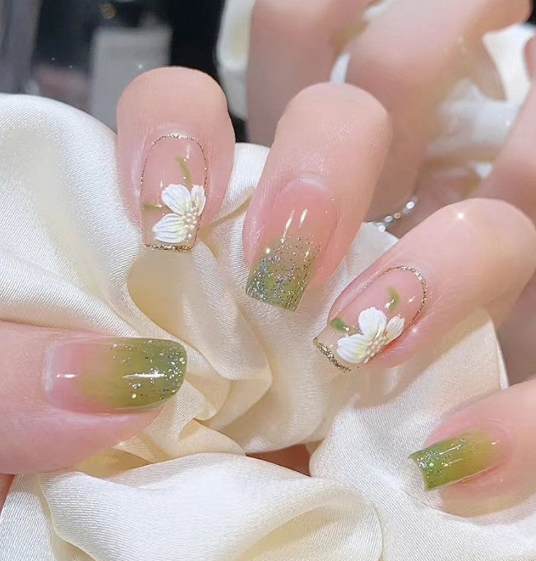 MEDIUM 24 PC ARTIFICIAL NAILS FLOWER GREEN W/ KIT