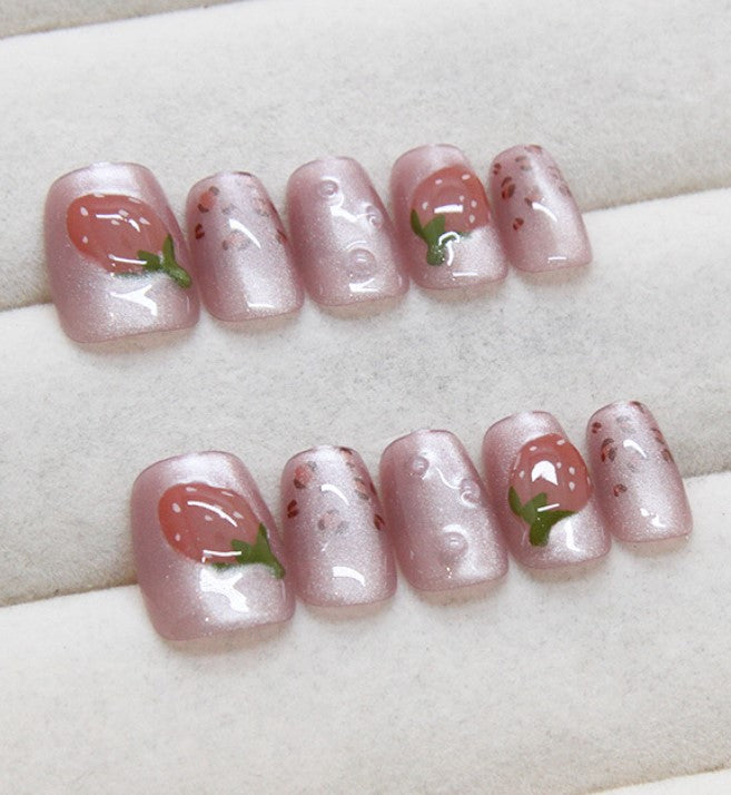 MEDIUM 10 PC ARTIFICIAL NAILS STRAWBERRY ART MULTICOLOR W/ KIT