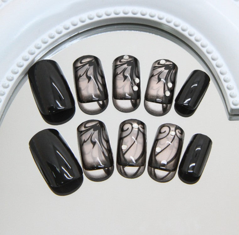 SHORT MEDIUM 24 PC ARTIFICIAL NAILS BLACK LACES