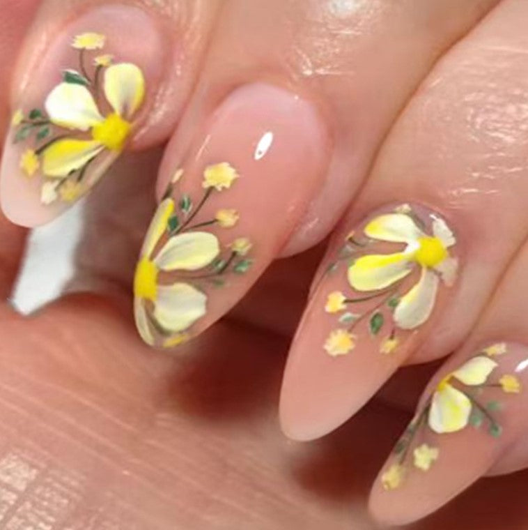 MEDIUM LONG 24 PC ARTIFICIAL NAILS YELLOW FLOWER