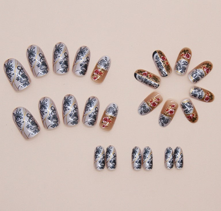 SHORT MEDIUM 24 PC ARTIFICIAL NAILS RETRO FLOWER