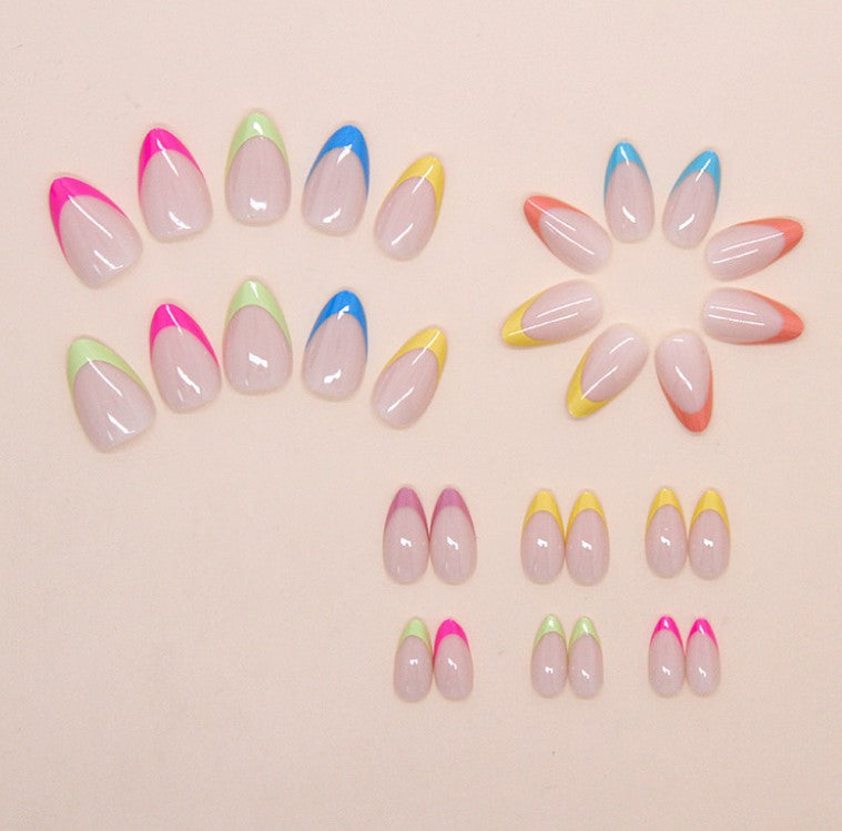 SHORT MEDIUM 30 PC ARTIFICIAL NAILS NUDE BASE RAINBOW MULTICOLOR