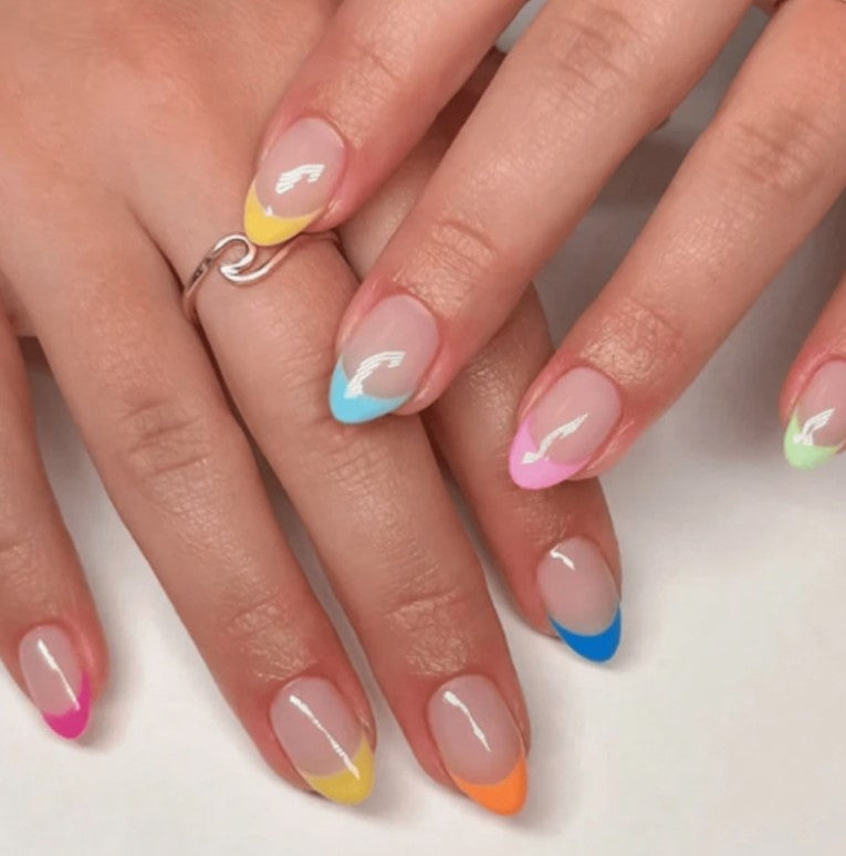 SHORT MEDIUM 30 PC ARTIFICIAL NAILS NUDE BASE RAINBOW MULTICOLOR