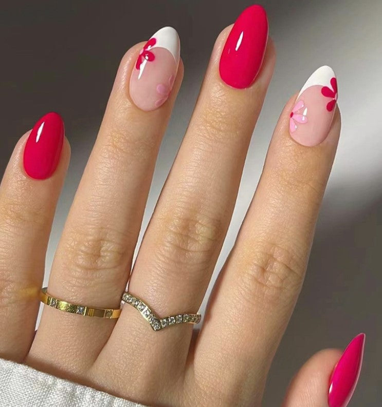 MEDIUM LONG 30 PC ARTIFICIAL NAILS ROSE PINK FLOWER